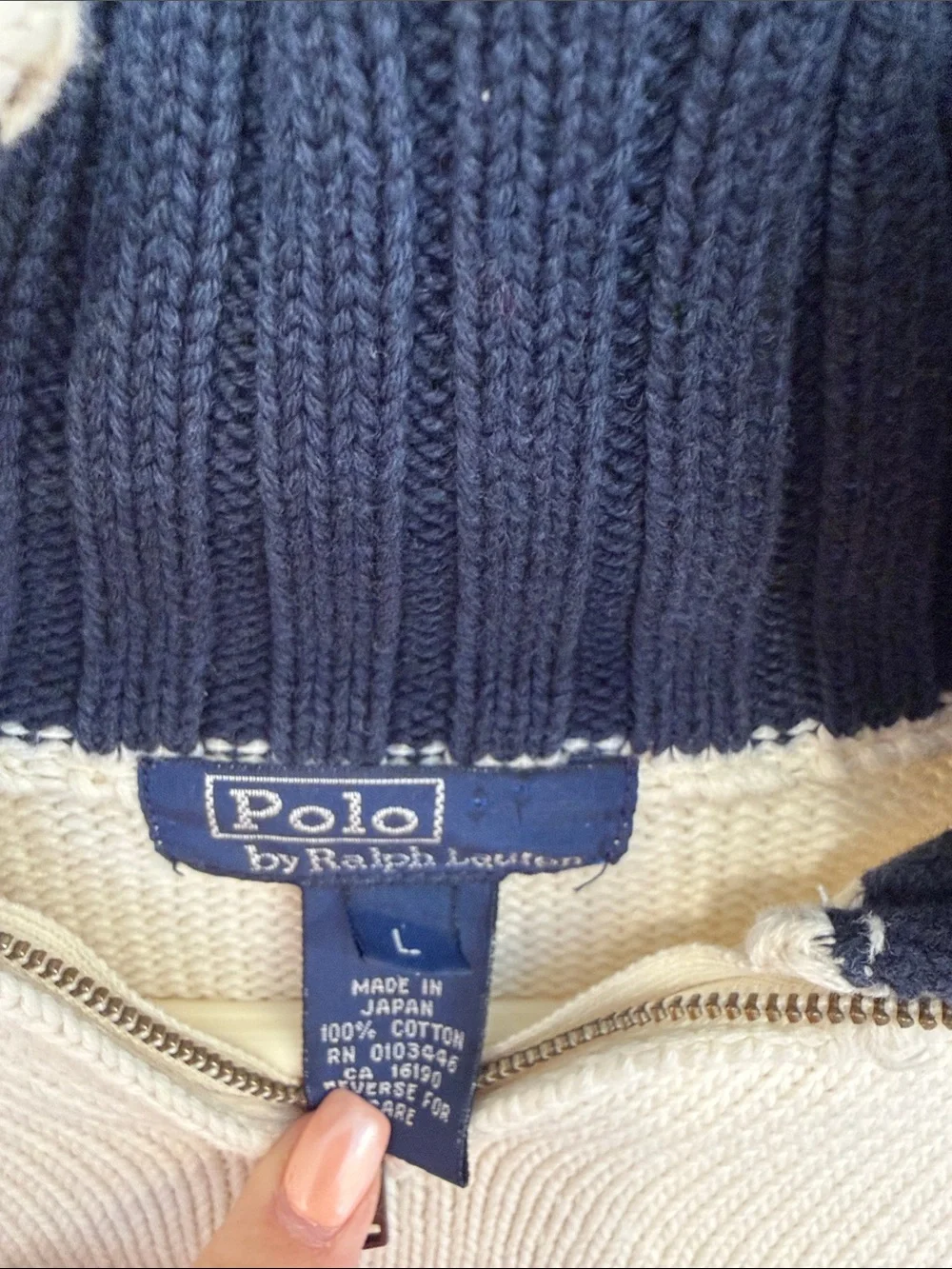 Polo by Ralph Lauren Cream 1/4 zip, 100% Cotton Sweater with Navy Logo size M